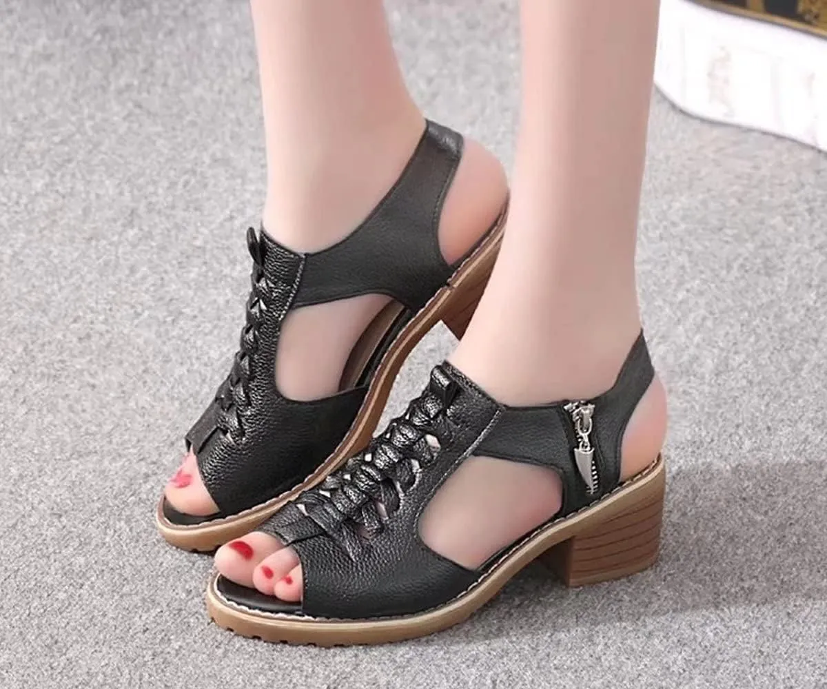 Women's High Heel Sandals Cross Cutout Ankle Strap Chunky Heel Sandals Open Toe Side Zip Mid Heel Sandals Summer Casual Beach Sandals