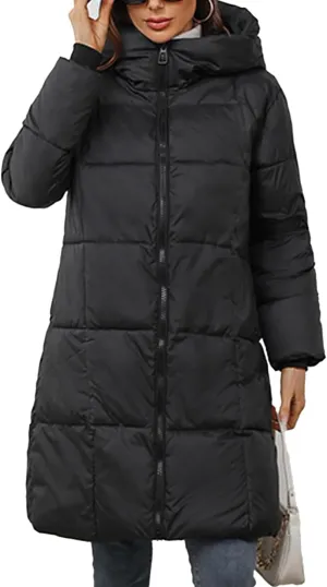 Women's Hooded Long Puffer Coat Winter Warm Full Zip Lightweight Quilted Jacket with Pockets
