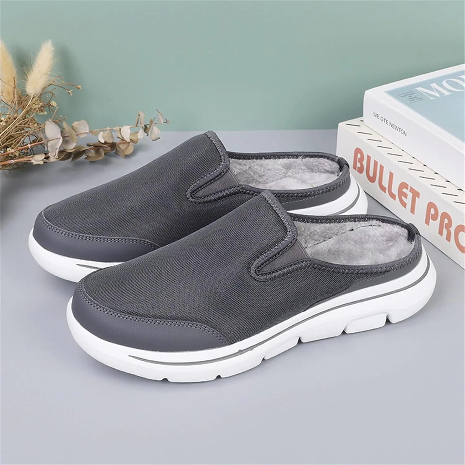 Women's Knitted Canvas Slip-On Platform Mules,Fashion Fur Lining Sneakers Backless Soft Lightweight Flat Half Sports Shoes Round Toe Warm Waterproof Non-Slip Walking Slippers