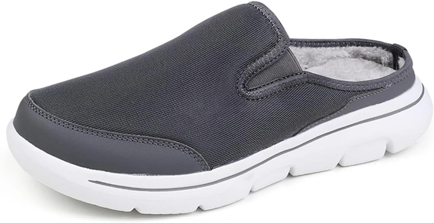 Women's Knitted Canvas Slip-On Platform Mules,Fashion Fur Lining Sneakers Backless Soft Lightweight Flat Half Sports Shoes Round Toe Warm Waterproof Non-Slip Walking Slippers