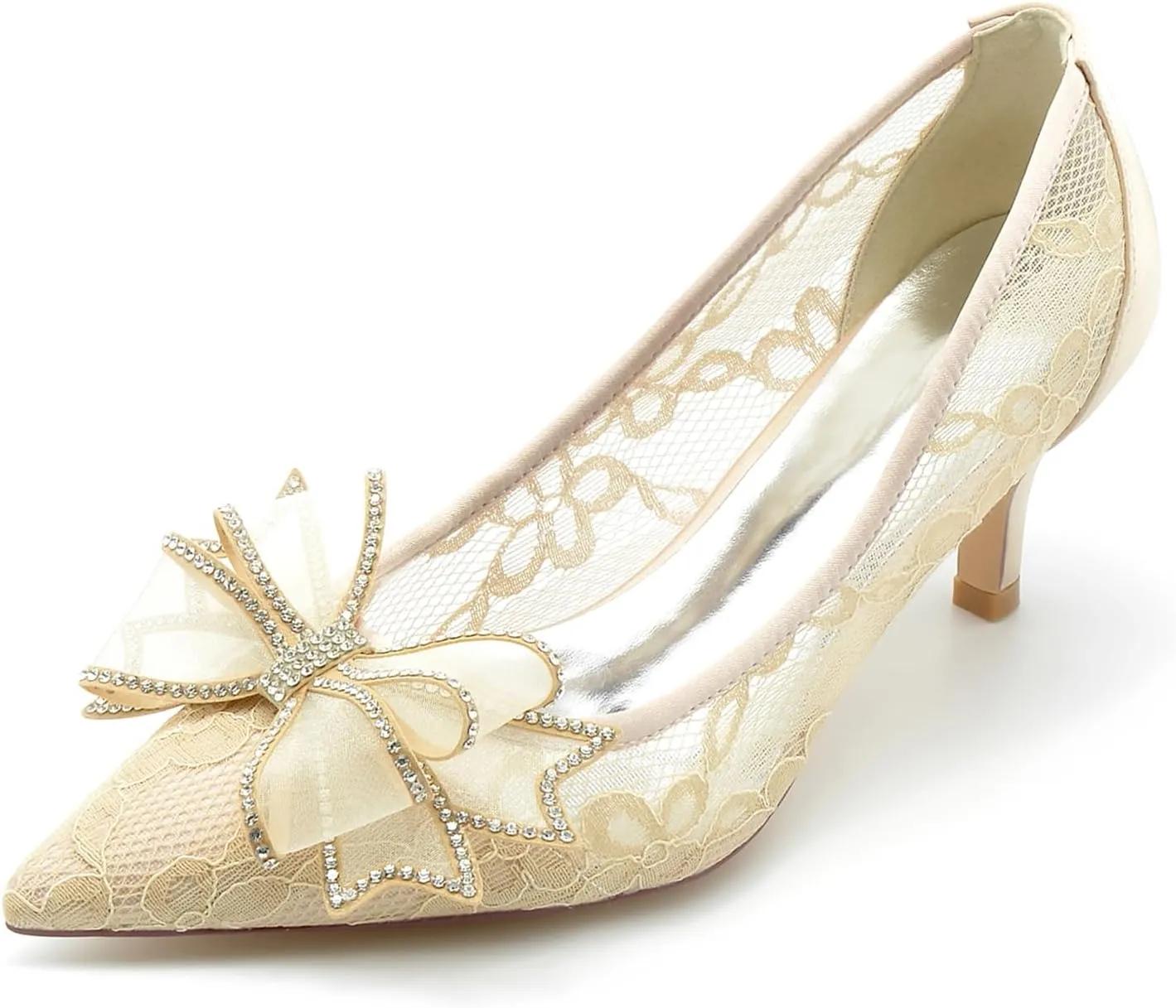 Women's Lace Satin Pointed Flower with Rhinestone Slip on Heels Pumps Wedding Bridal Dress Shoes