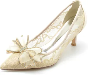 Women's Lace Satin Pointed Flower with Rhinestone Slip on Heels Pumps Wedding Bridal Dress Shoes