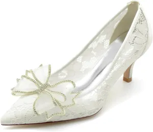 Women's Lace Satin Pointed Flower with Rhinestone Slip on Heels Pumps Wedding Bridal Dress Shoes