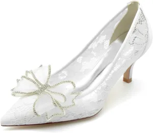 Women's Lace Satin Pointed Flower with Rhinestone Slip on Heels Pumps Wedding Bridal Dress Shoes