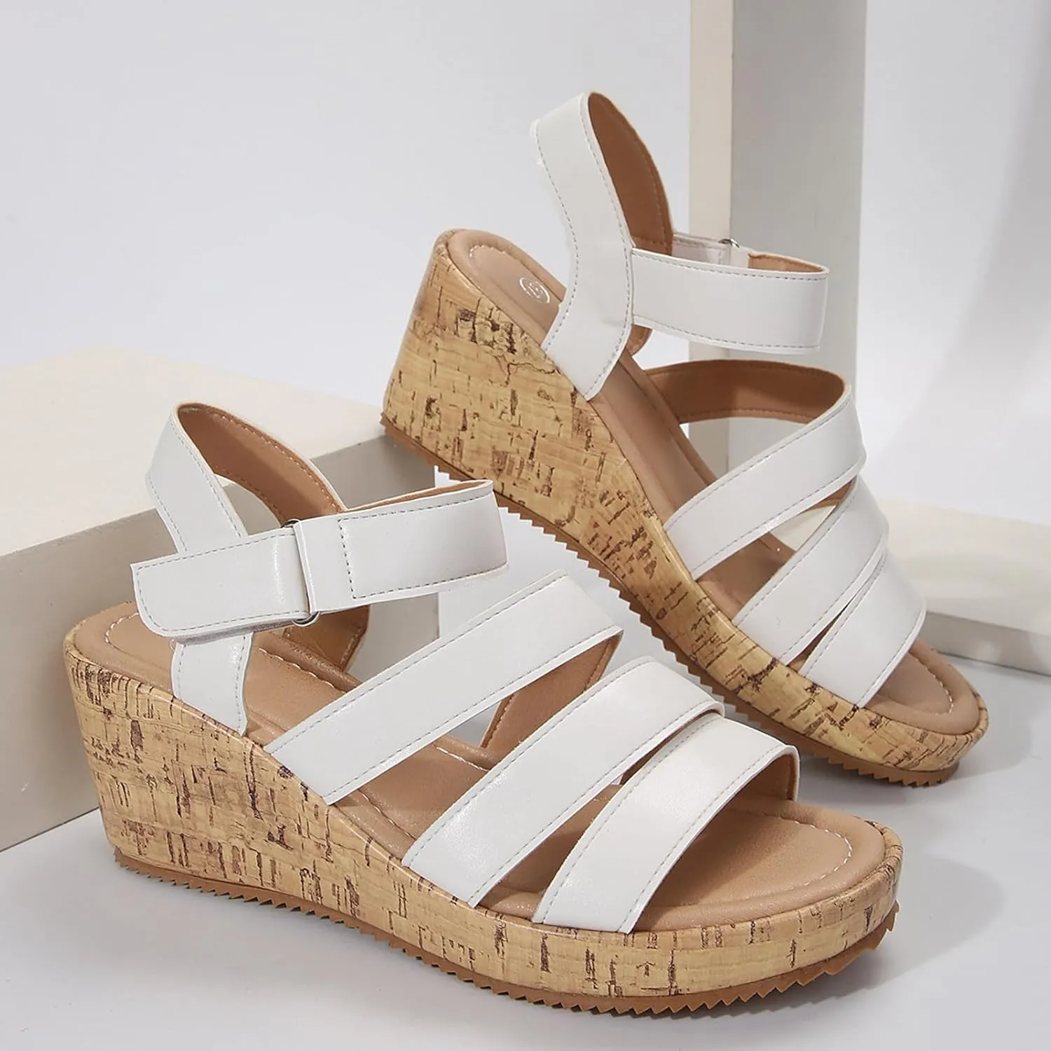 Women's Leather Cork Strappy Wedge Sandals Platform Sandal Dressy Wide Orthopedic Arch Support Open Toe Walking Shoes Heels with Shoes Hollow Out Travel Beach Comfort Slingback Casual Flat