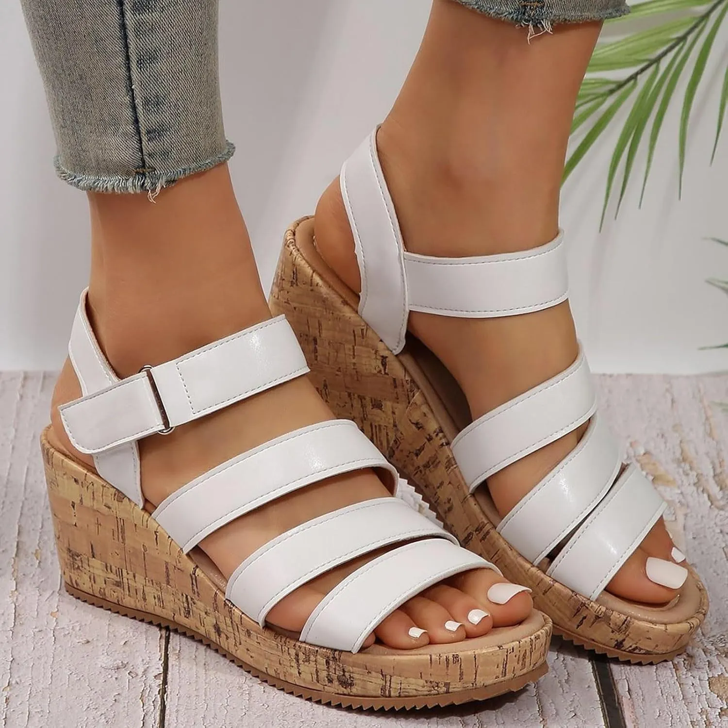 Women's Leather Cork Strappy Wedge Sandals Platform Sandal Dressy Wide Orthopedic Arch Support Open Toe Walking Shoes Heels with Shoes Hollow Out Travel Beach Comfort Slingback Casual Flat