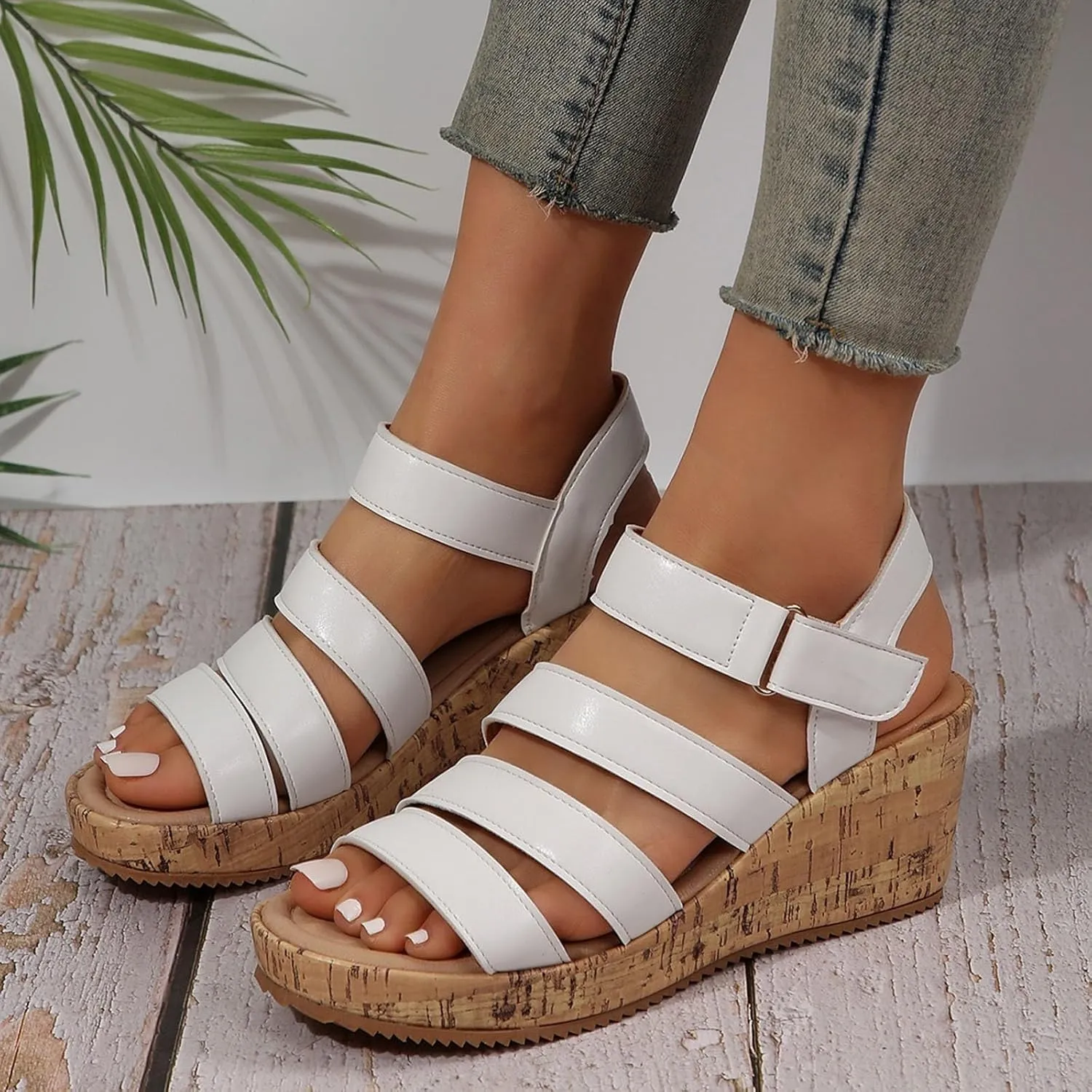 Women's Leather Cork Strappy Wedge Sandals Platform Sandal Dressy Wide Orthopedic Arch Support Open Toe Walking Shoes Heels with Shoes Hollow Out Travel Beach Comfort Slingback Casual Flat