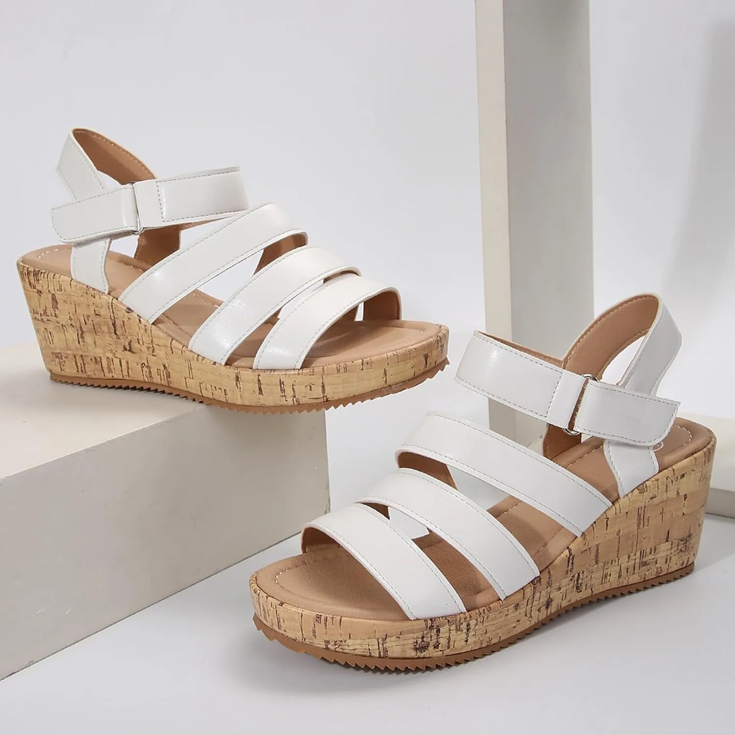Women's Leather Cork Strappy Wedge Sandals Platform Sandal Dressy Wide Orthopedic Arch Support Open Toe Walking Shoes Heels with Shoes Hollow Out Travel Beach Comfort Slingback Casual Flat