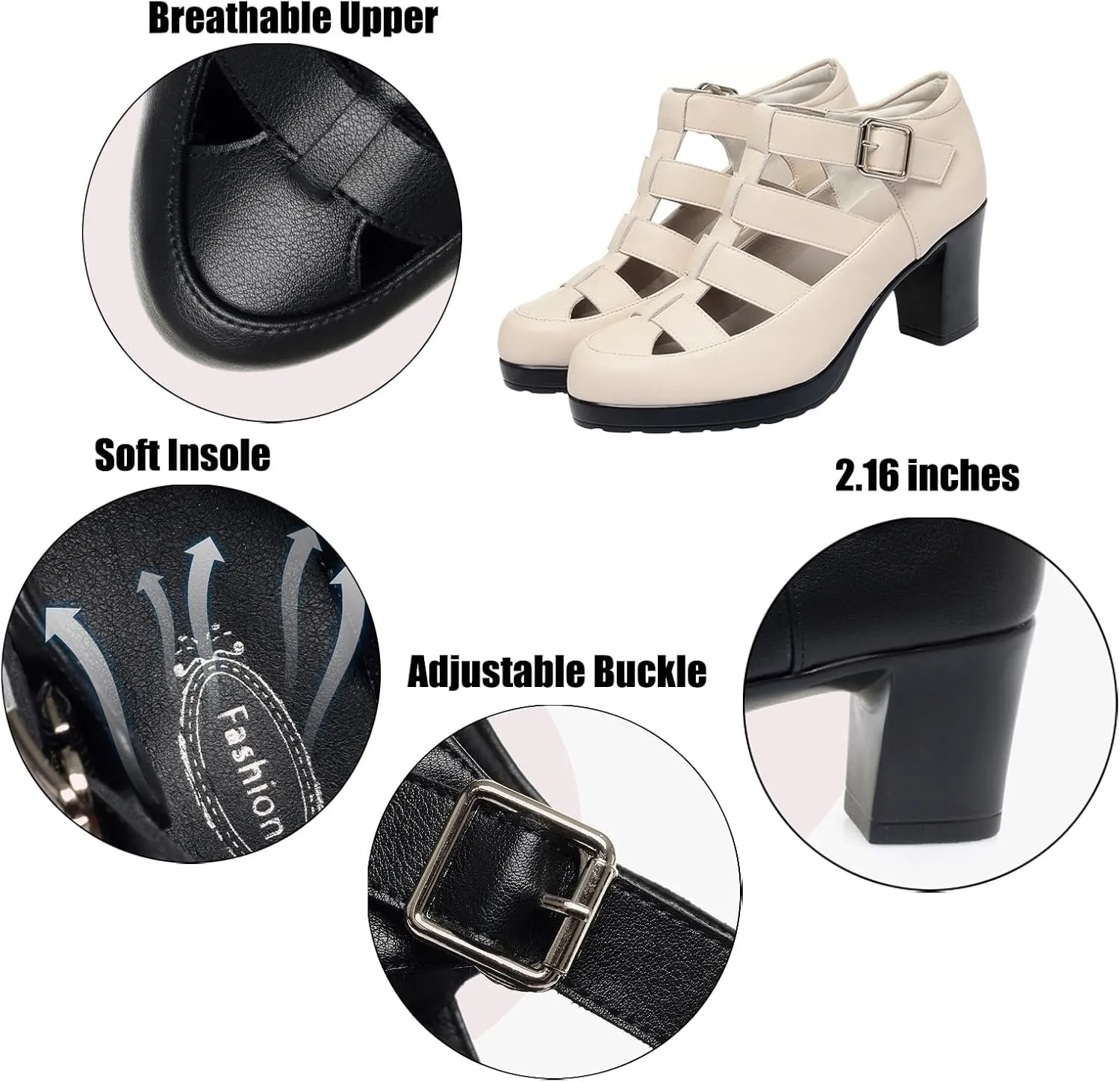 Women's Leather Hollow Chunky Heel Roman Sandals Adjustable Ankle Buckle Comfortable Breathable Closed Toe High Heel Sandals