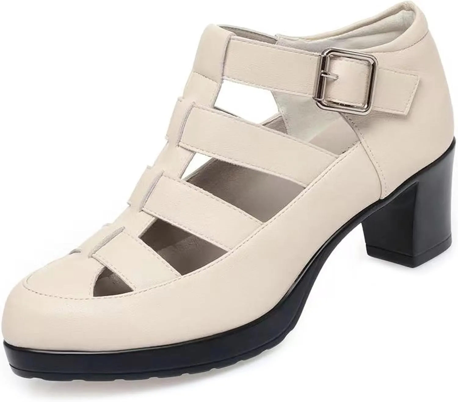 Women's Leather Hollow Chunky Heel Roman Sandals Adjustable Ankle Buckle Comfortable Breathable Closed Toe High Heel Sandals