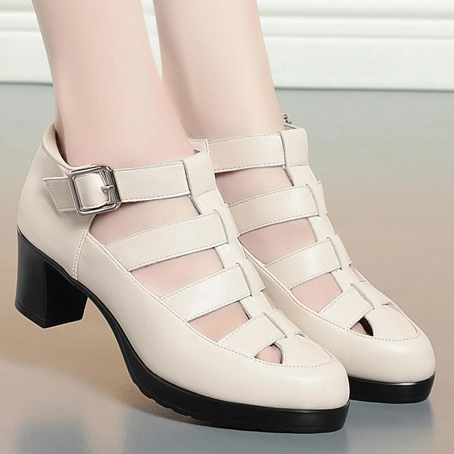 Women's Leather Hollow Chunky Heel Roman Sandals Adjustable Ankle Buckle Comfortable Breathable Closed Toe High Heel Sandals