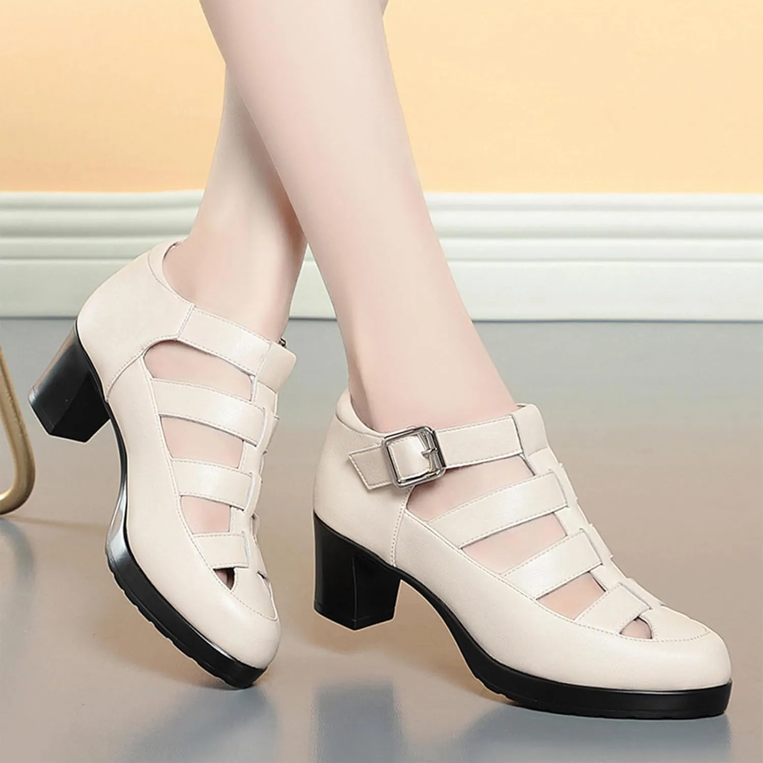 Women's Leather Hollow Chunky Heel Roman Sandals Adjustable Ankle Buckle Comfortable Breathable Closed Toe High Heel Sandals