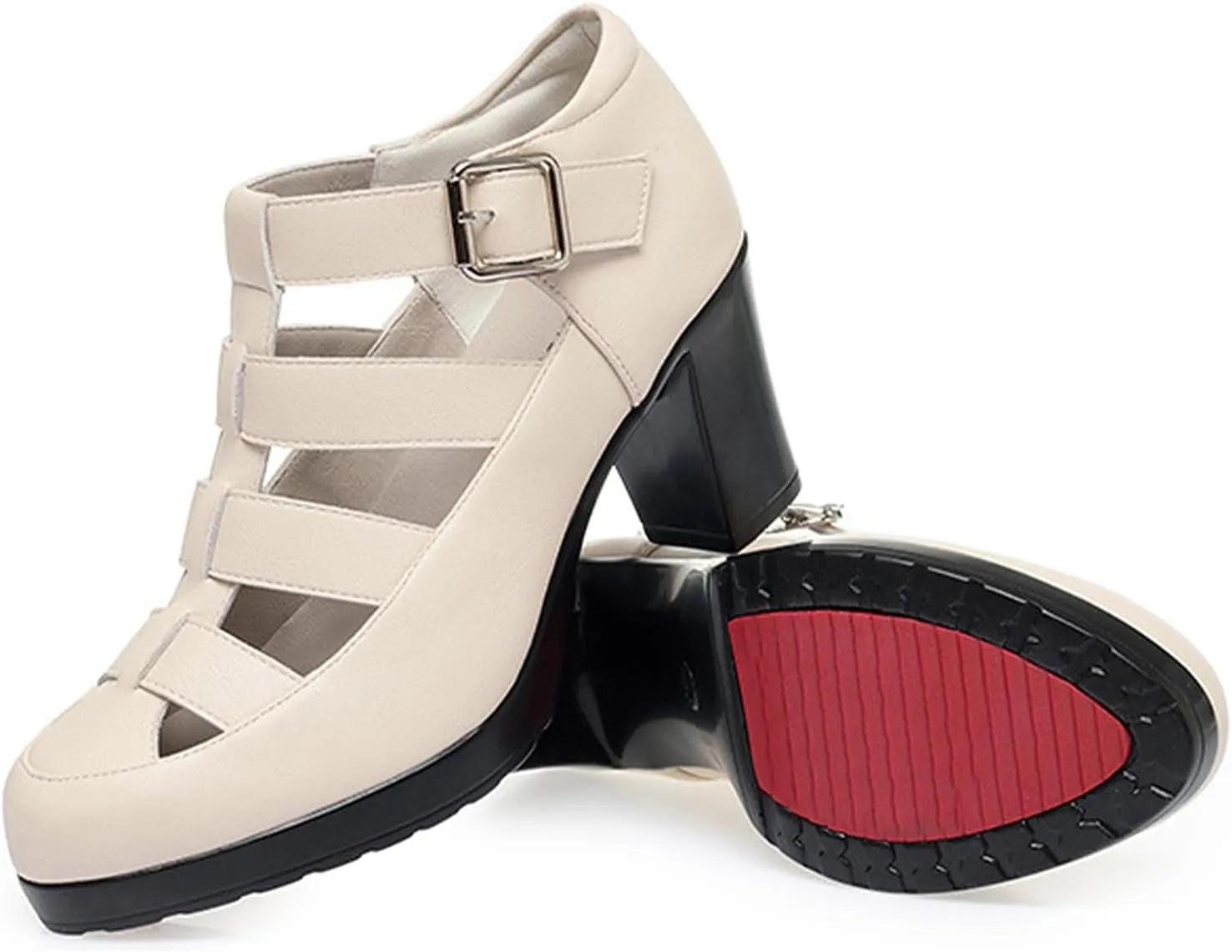 Women's Leather Hollow Chunky Heel Roman Sandals Adjustable Ankle Buckle Comfortable Breathable Closed Toe High Heel Sandals
