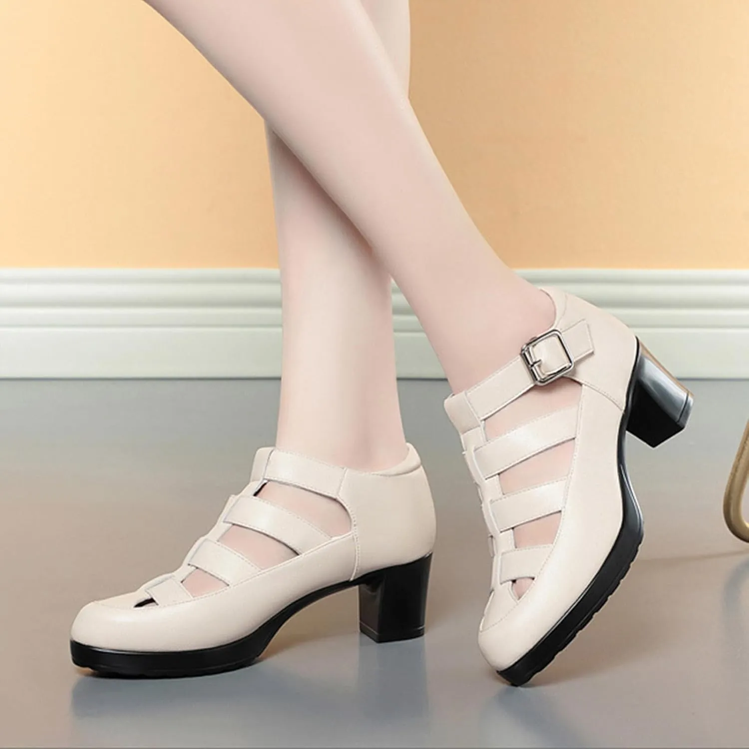 Women's Leather Hollow Chunky Heel Roman Sandals Adjustable Ankle Buckle Comfortable Breathable Closed Toe High Heel Sandals