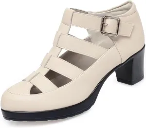 Women's Leather Hollow Chunky Heel Roman Sandals Adjustable Ankle Buckle Comfortable Breathable Closed Toe High Heel Sandals