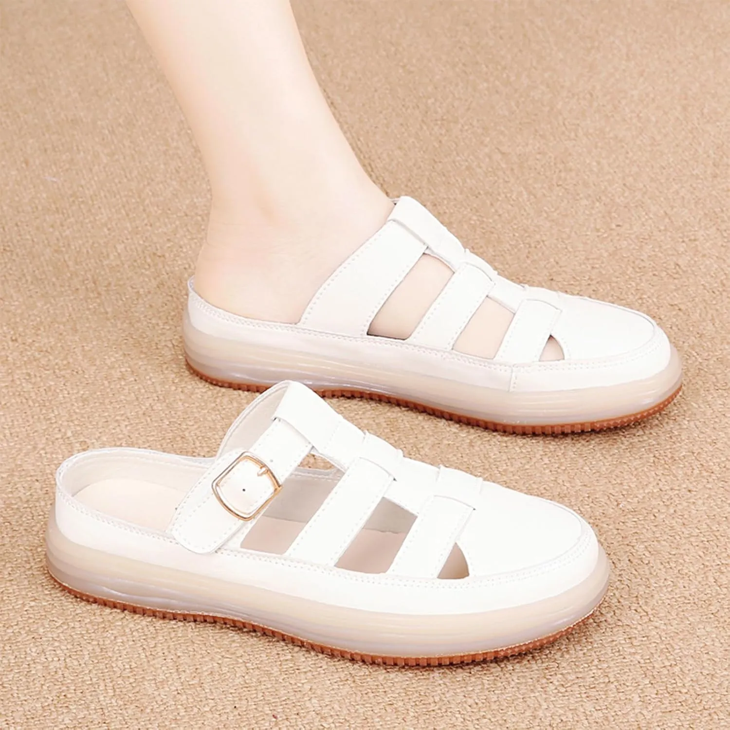 Women'S Leather Platform Closed Toe Mule Backless Sandals Casual Round Toe Slip On Hollow Out Walking Sandals Adjustable Hook & Loop Memory Foam Flat Slide