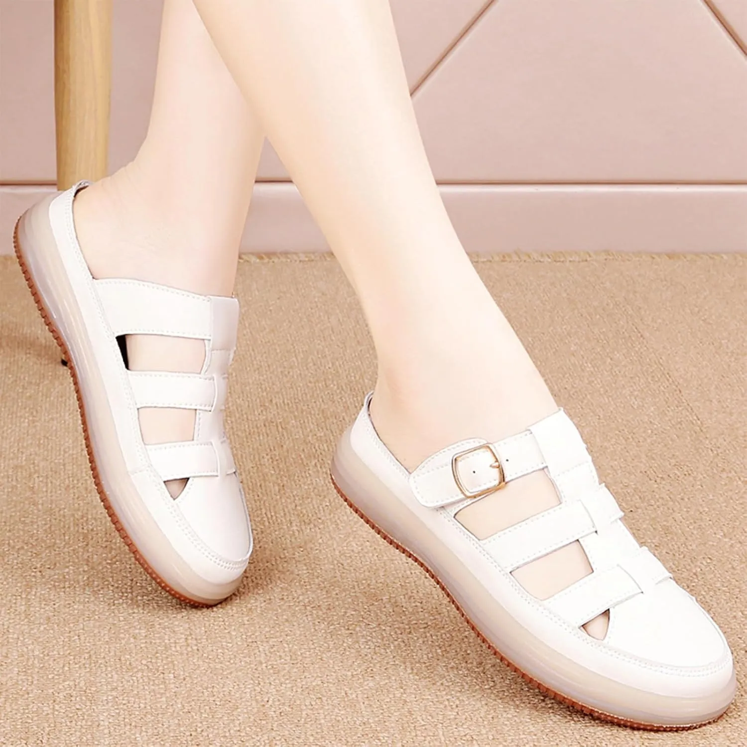 Women'S Leather Platform Closed Toe Mule Backless Sandals Casual Round Toe Slip On Hollow Out Walking Sandals Adjustable Hook & Loop Memory Foam Flat Slide