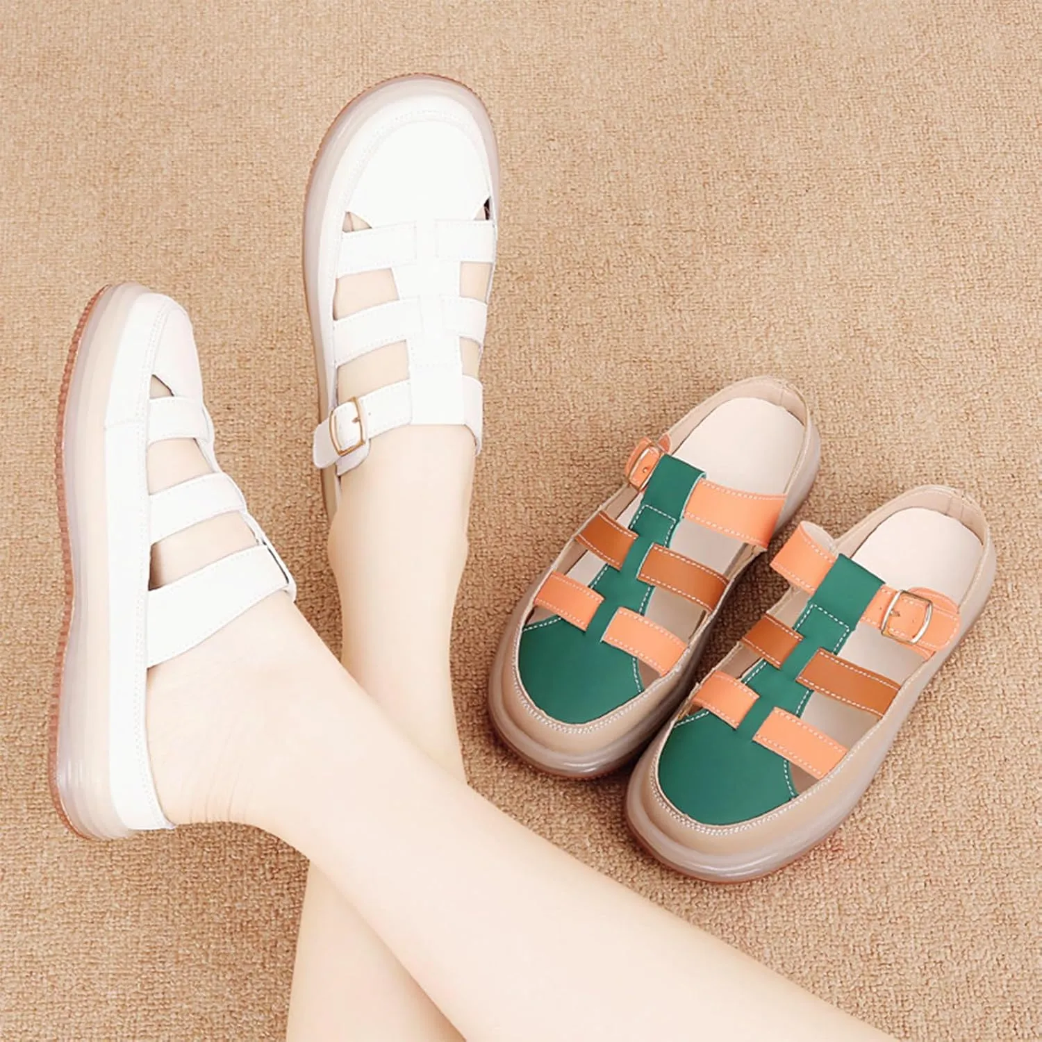 Women'S Leather Platform Closed Toe Mule Backless Sandals Casual Round Toe Slip On Hollow Out Walking Sandals Adjustable Hook & Loop Memory Foam Flat Slide