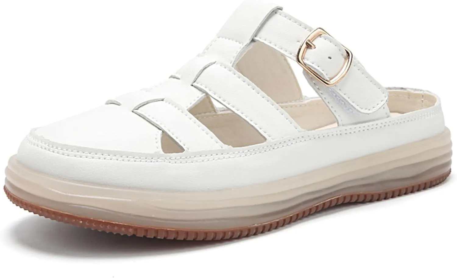 Women'S Leather Platform Closed Toe Mule Backless Sandals Casual Round Toe Slip On Hollow Out Walking Sandals Adjustable Hook & Loop Memory Foam Flat Slide