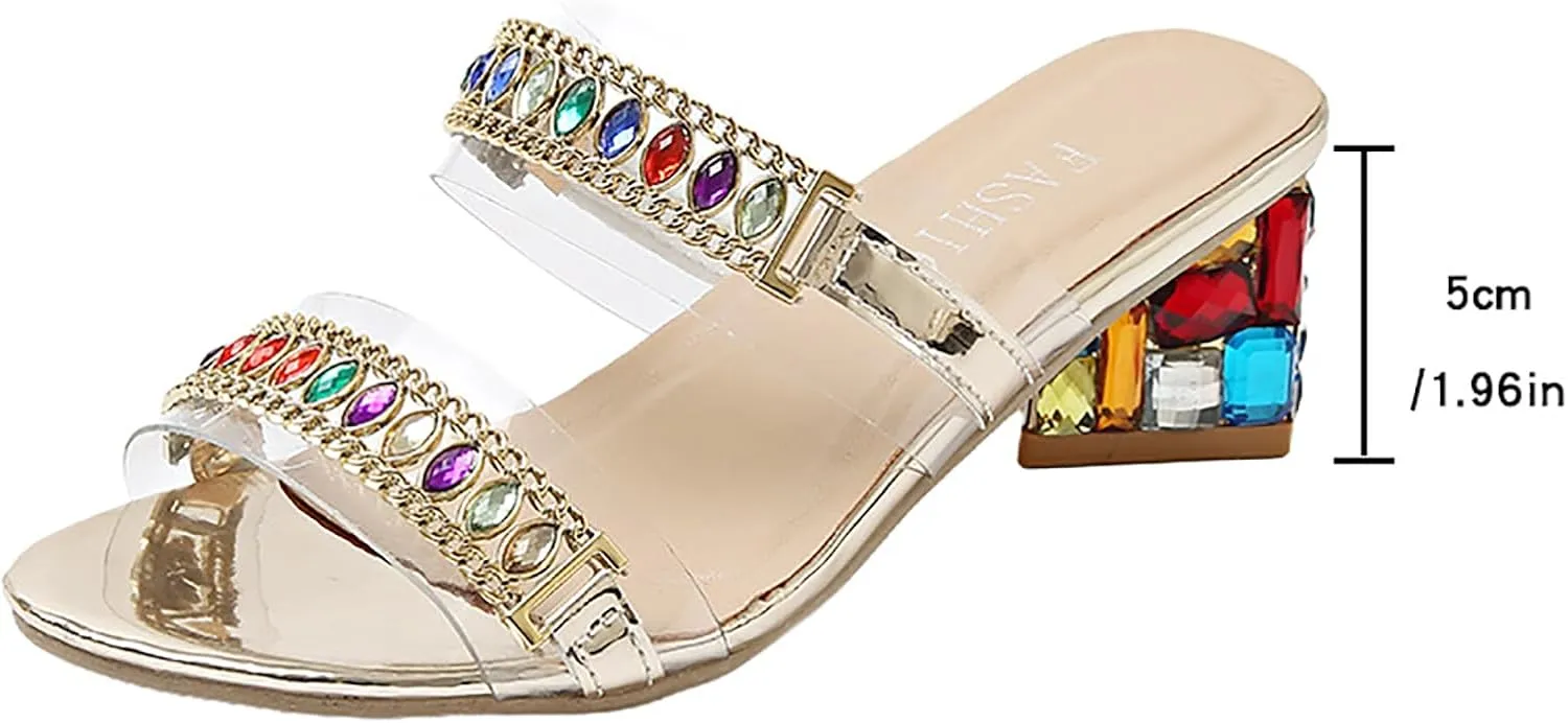 Women's Low Block Heels,Round Open Toe Slip-on Mules,Double Strap Sequins Shoes for Prom Wedding