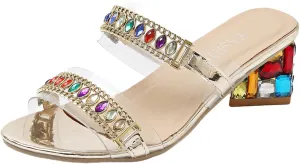 Women's Low Block Heels,Round Open Toe Slip-on Mules,Double Strap Sequins Shoes for Prom Wedding