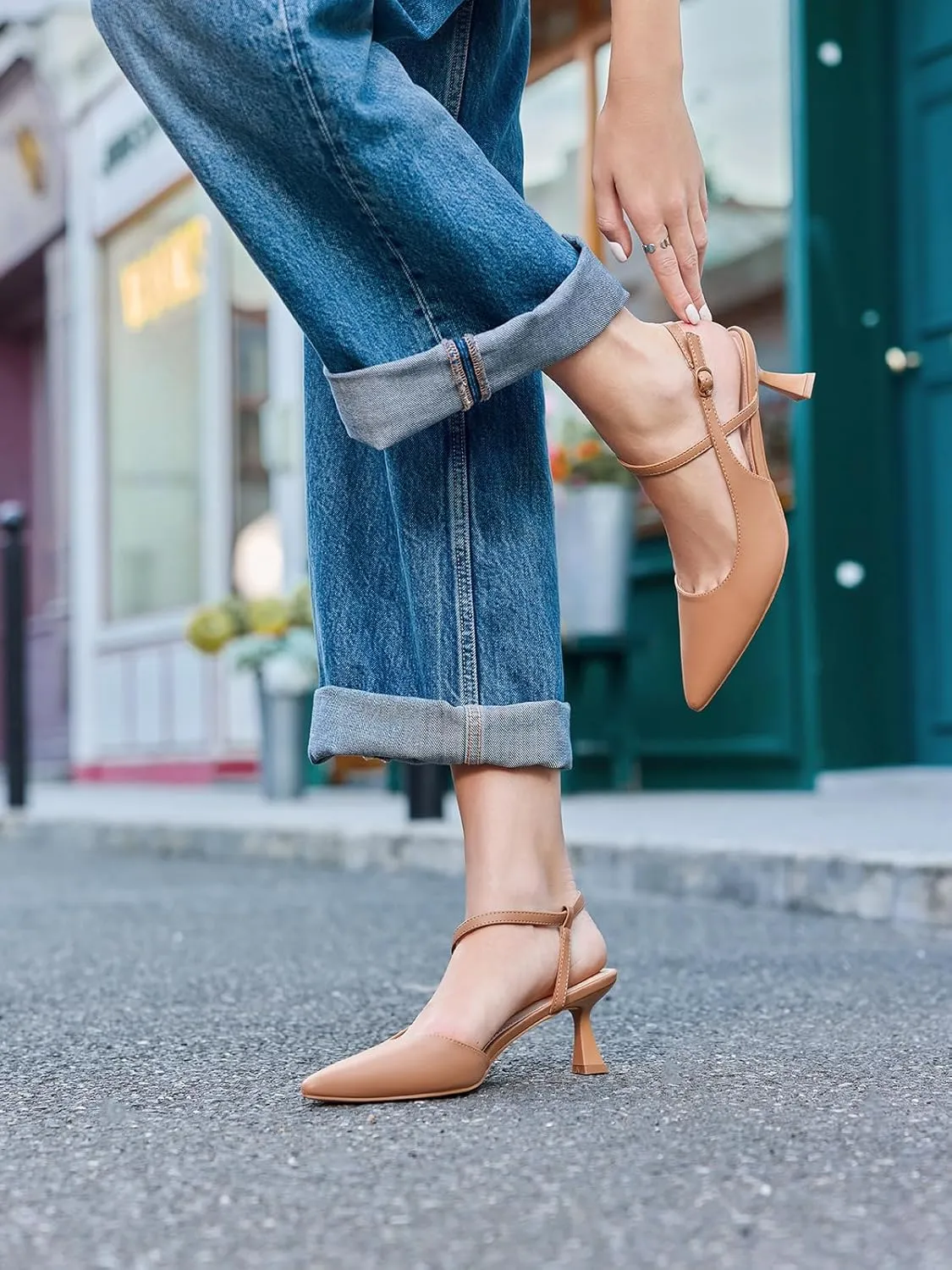 Womens Low Kitten Heel Closed Pointed Toe Slingback Pumps Heels Slip On Heeled Sandals Dress Shoes