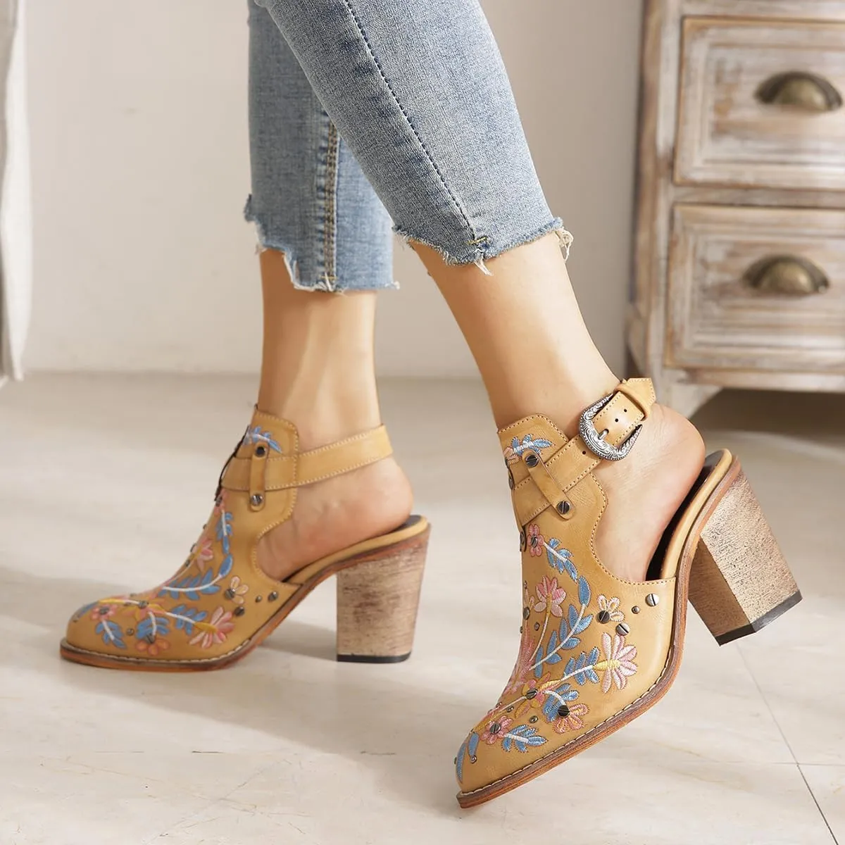 Women's Mexican Floral Embroidered Chunky Heels Sandal Buckle Ankle Strap Closed Toe Block High Heel Sandals Vintage Rivets Dress Slingback Pumps