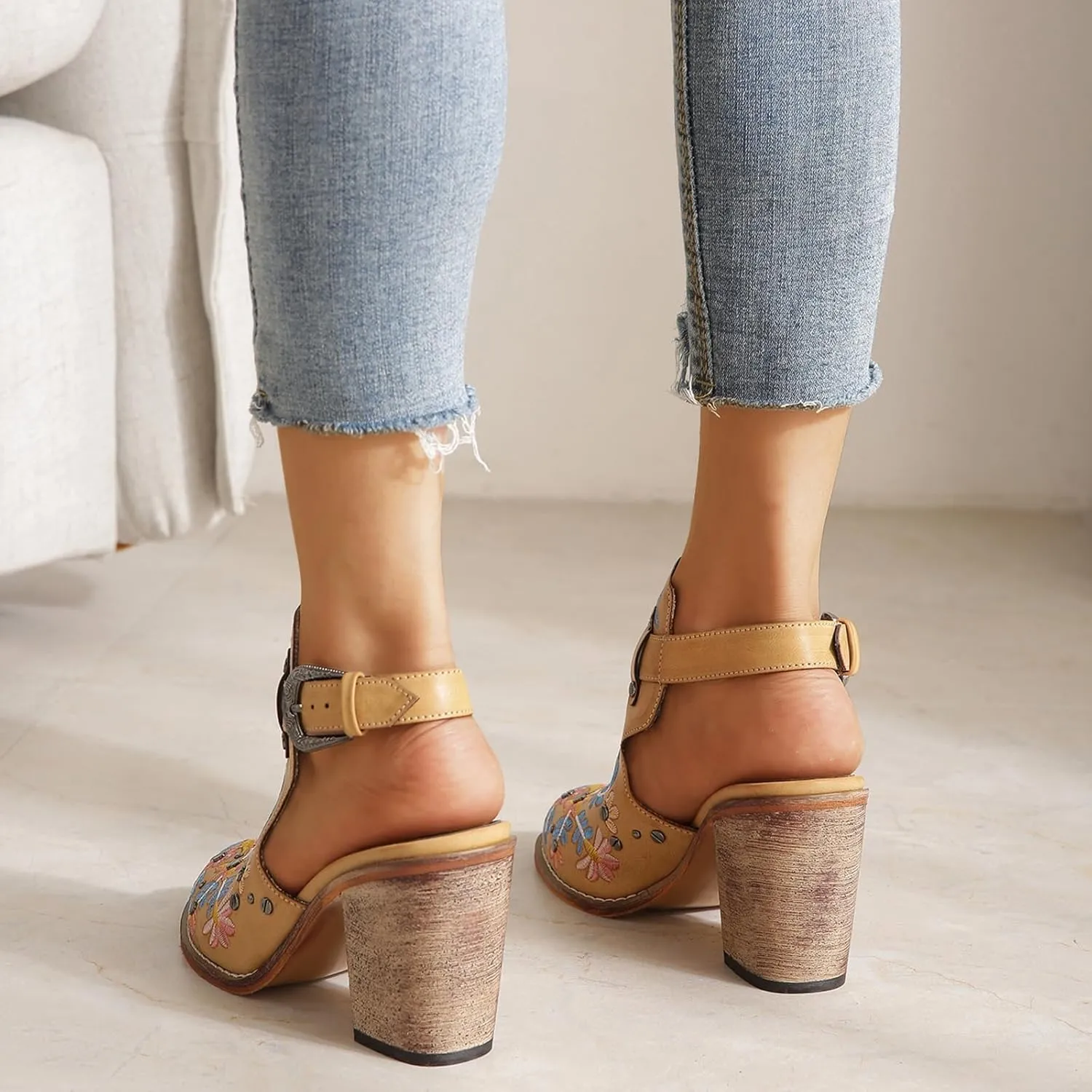 Women's Mexican Floral Embroidered Chunky Heels Sandal Buckle Ankle Strap Closed Toe Block High Heel Sandals Vintage Rivets Dress Slingback Pumps
