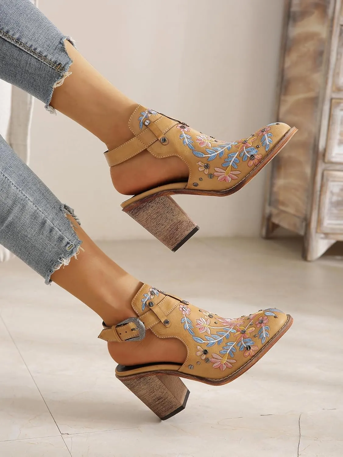 Women's Mexican Floral Embroidered Chunky Heels Sandal Buckle Ankle Strap Closed Toe Block High Heel Sandals Vintage Rivets Dress Slingback Pumps