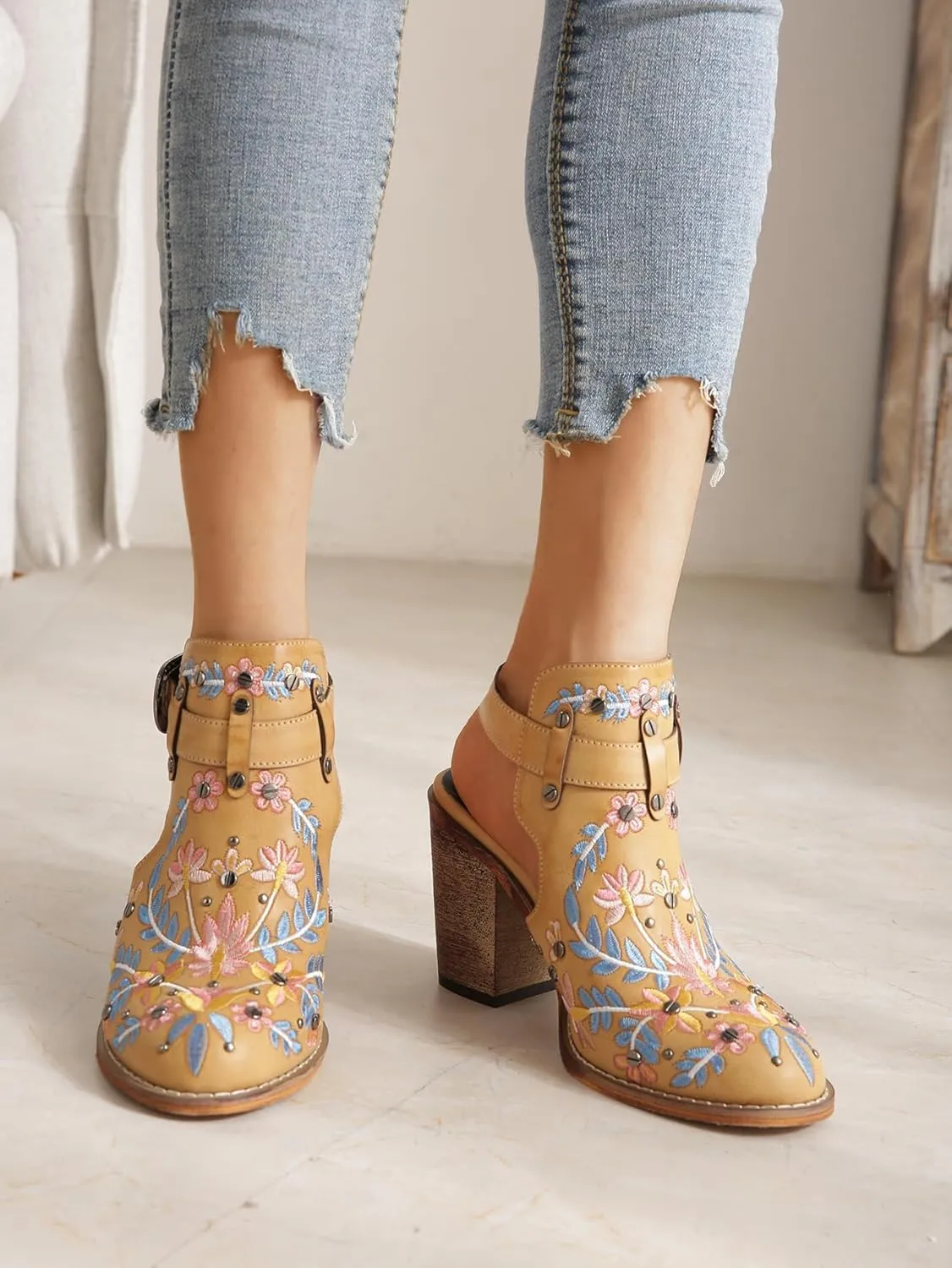 Women's Mexican Floral Embroidered Chunky Heels Sandal Buckle Ankle Strap Closed Toe Block High Heel Sandals Vintage Rivets Dress Slingback Pumps