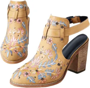 Women's Mexican Floral Embroidered Chunky Heels Sandal Buckle Ankle Strap Closed Toe Block High Heel Sandals Vintage Rivets Dress Slingback Pumps