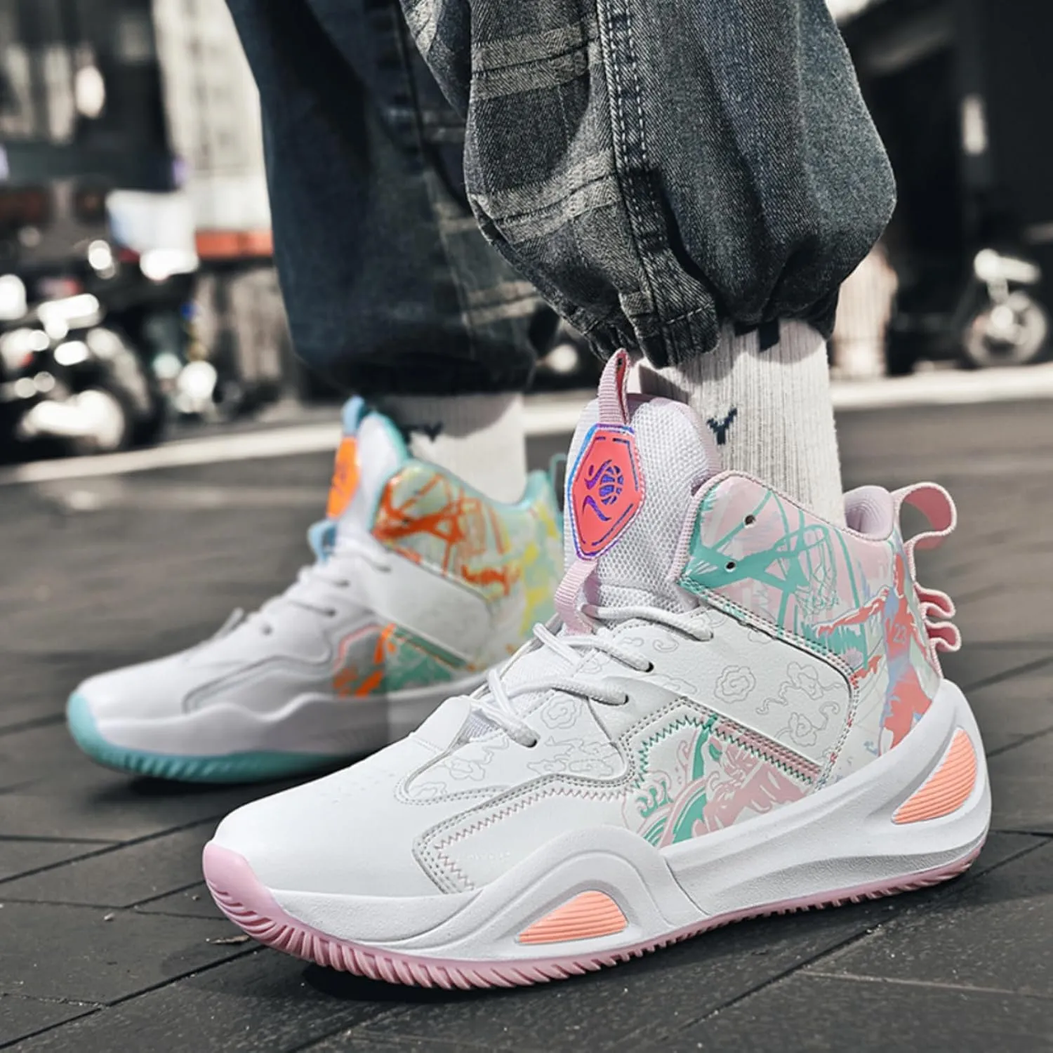 Womens Multicolor Breathable Mesh Lace Up Basketball Shoes Fashion High Top Non-Slip Running Sneakers Casual Athletic Tennis Walking Shoes