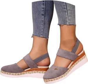Women's Orthopedic Wedge Platform Sandals, Grey, Closed Toe, Ankle Strap, Comfortable, Casual