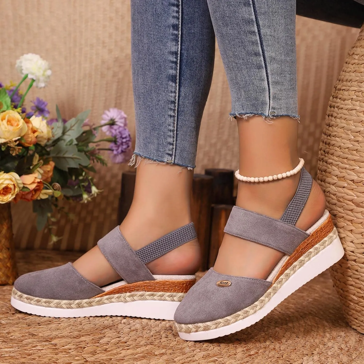 Women's Orthopedic Wedge Platform Sandals, Grey, Closed Toe, Ankle Strap, Comfortable, Casual