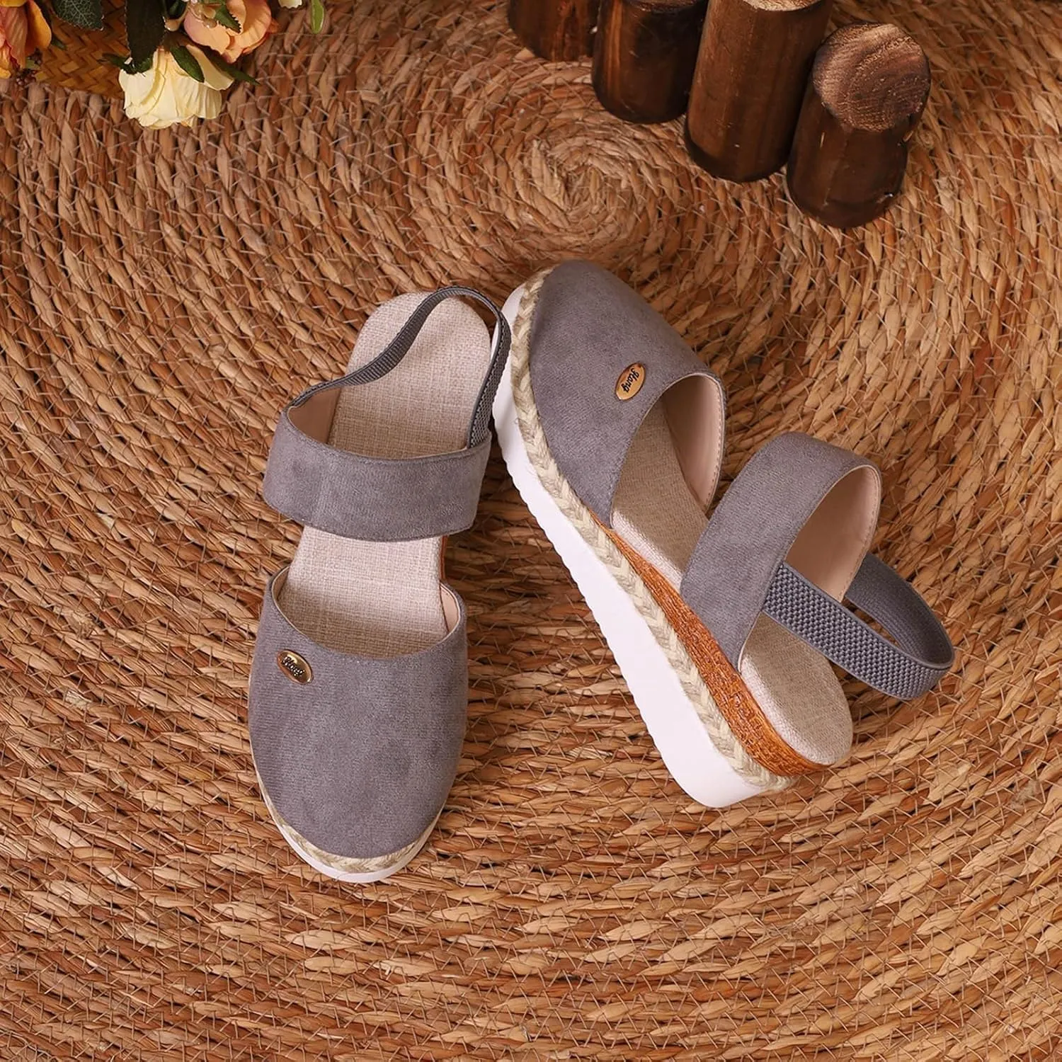 Women's Orthopedic Wedge Platform Sandals, Grey, Closed Toe, Ankle Strap, Comfortable, Casual