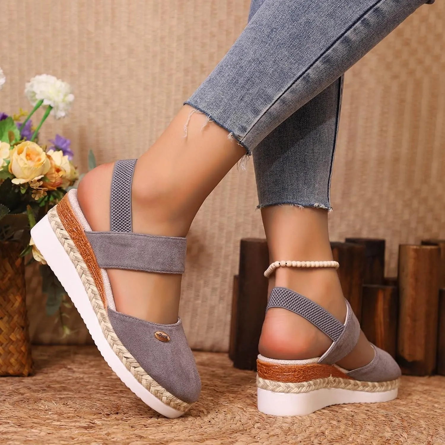 Women's Orthopedic Wedge Platform Sandals, Grey, Closed Toe, Ankle Strap, Comfortable, Casual
