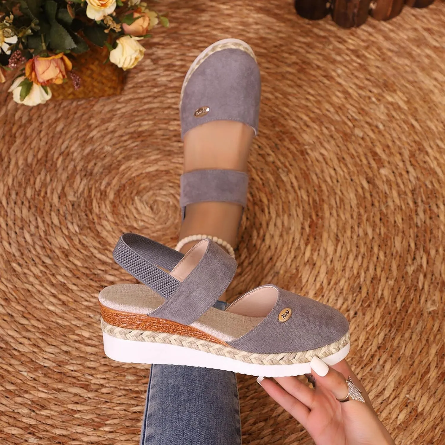 Women's Orthopedic Wedge Platform Sandals, Grey, Closed Toe, Ankle Strap, Comfortable, Casual