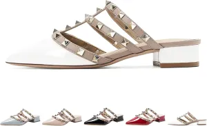 Women's Patent Leather Closed Pointed Toe Rivet Heeled Sandals Fashion Rivet Slip-on Sexy Backless Slides Summer Sandals Work Party Dress Slippers