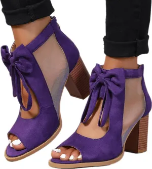 Women's Peep Toe Cutout Sandals Bowknot Mesh Chunky High Heel Sandals Back Zipper Wedding Party Dressy Ankle Booties