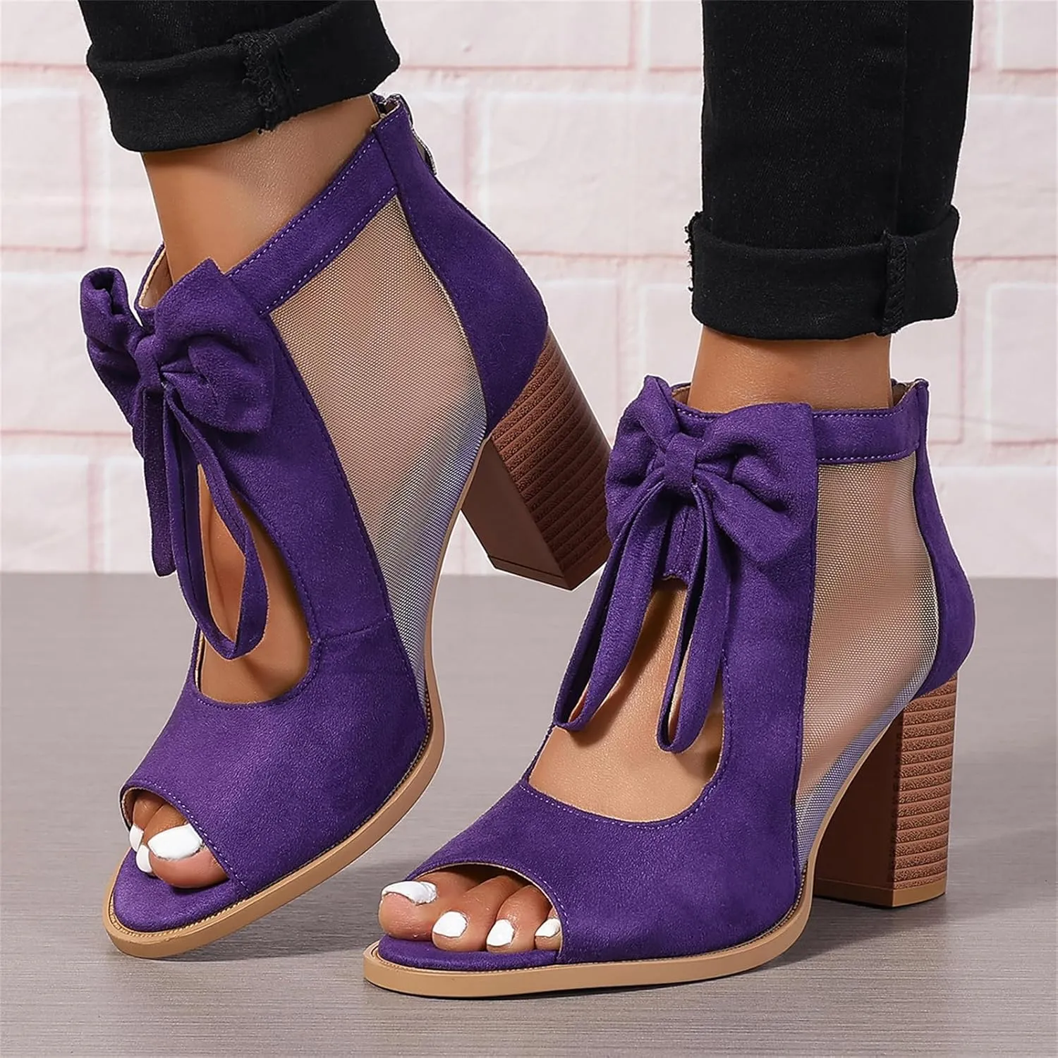 Women's Peep Toe Cutout Sandals Bowknot Mesh Chunky High Heel Sandals Back Zipper Wedding Party Dressy Ankle Booties