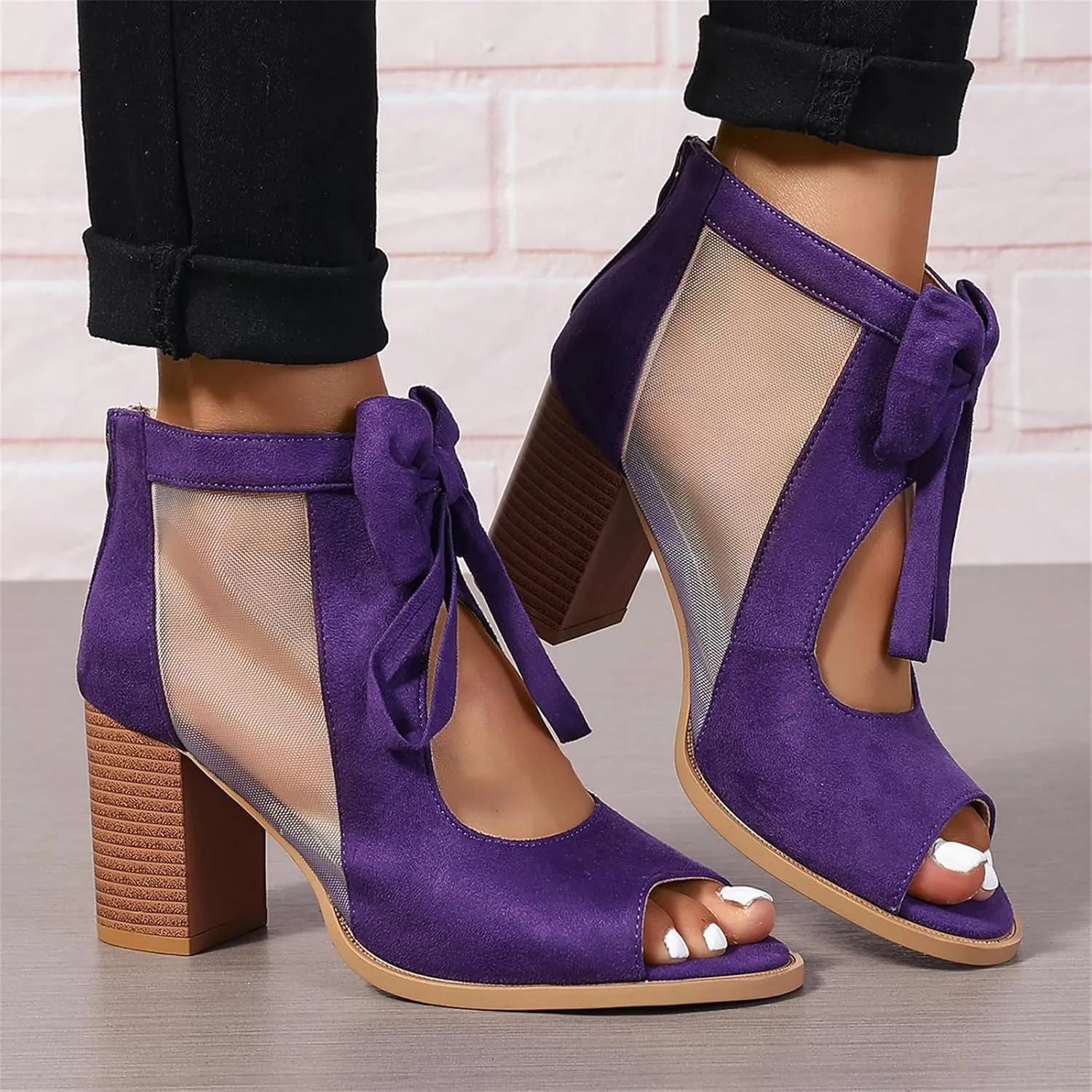 Women's Peep Toe Cutout Sandals Bowknot Mesh Chunky High Heel Sandals Back Zipper Wedding Party Dressy Ankle Booties