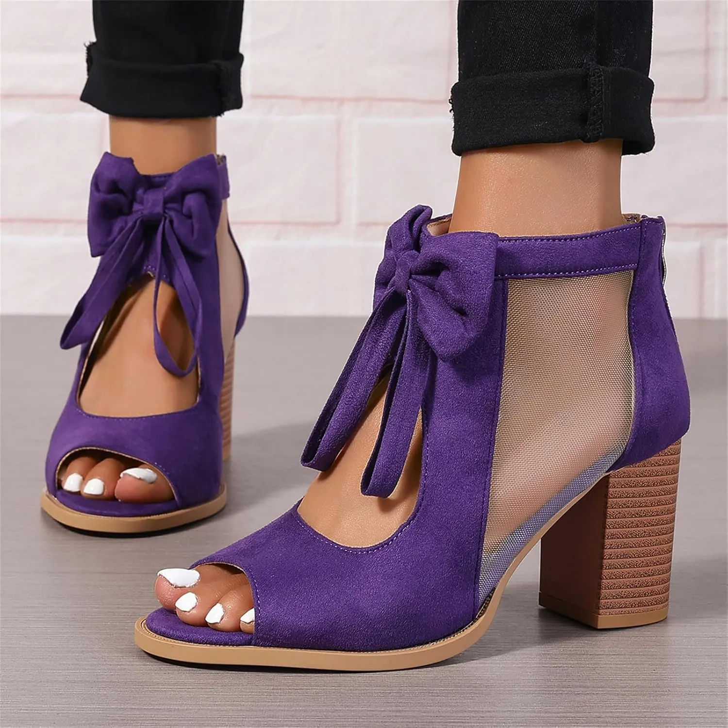 Women's Peep Toe Cutout Sandals Bowknot Mesh Chunky High Heel Sandals Back Zipper Wedding Party Dressy Ankle Booties