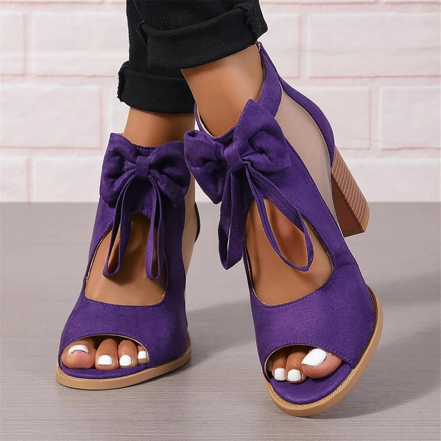 Women's Peep Toe Cutout Sandals Bowknot Mesh Chunky High Heel Sandals Back Zipper Wedding Party Dressy Ankle Booties