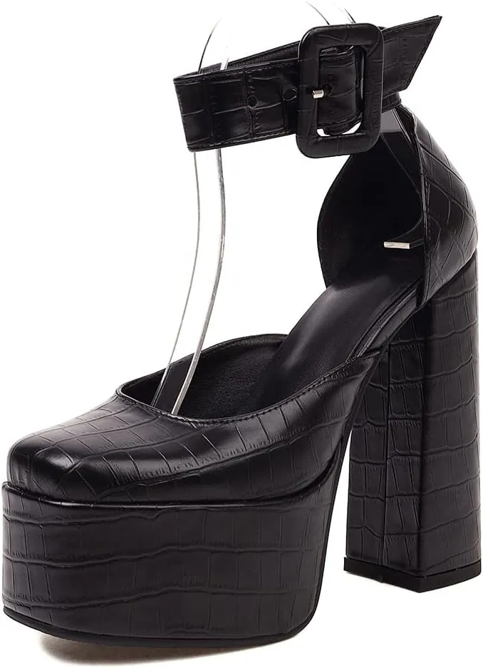 Womens Platform Chunky High Block Heels Ankle Strap Buckles Wedge Dress Pumps