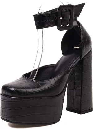 Womens Platform Chunky High Block Heels Ankle Strap Buckles Wedge Dress Pumps