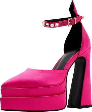 Womens Platform Heels Chunky High Block Heels Pointed Toe Pumps