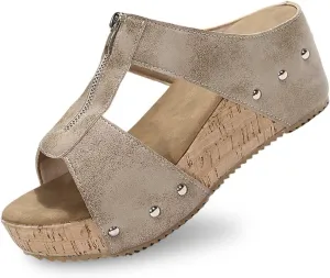 Women's Platform Sandals Breathable Summer Orthotic Leather Platform Wedge Sandals Zipper Arch Support Beach Slides Dressy Summer Slip On Slippers for All Day