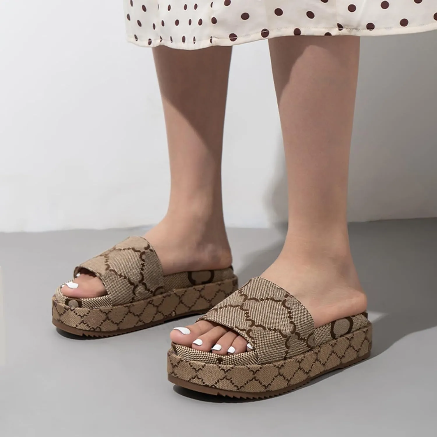 Women's Platform Sandals Comfort Slip-On Canvas Strap, Fashion Non-Slip Sole Slide Sandals for Summer