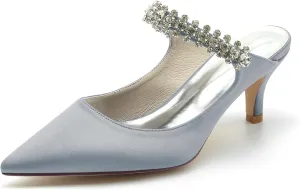 Women's Pointed Satin Rhinestone Prom Party Dress Pumps Closed Bridal Dress Heeled Sandals Wedding Shoes Slingback