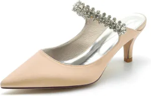 Women's Pointed Satin Rhinestone Prom Party Dress Pumps Closed Bridal Dress Heeled Sandals Wedding Shoes Slingback